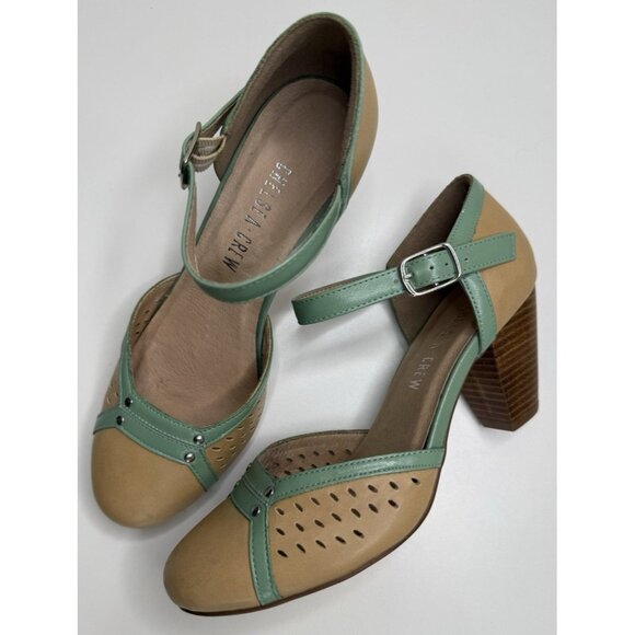 Chelsea Crew Women's Two Tone Green Tan Mary Jane Pumps Size 38 EU 7.5 US - Picture 1 of 13